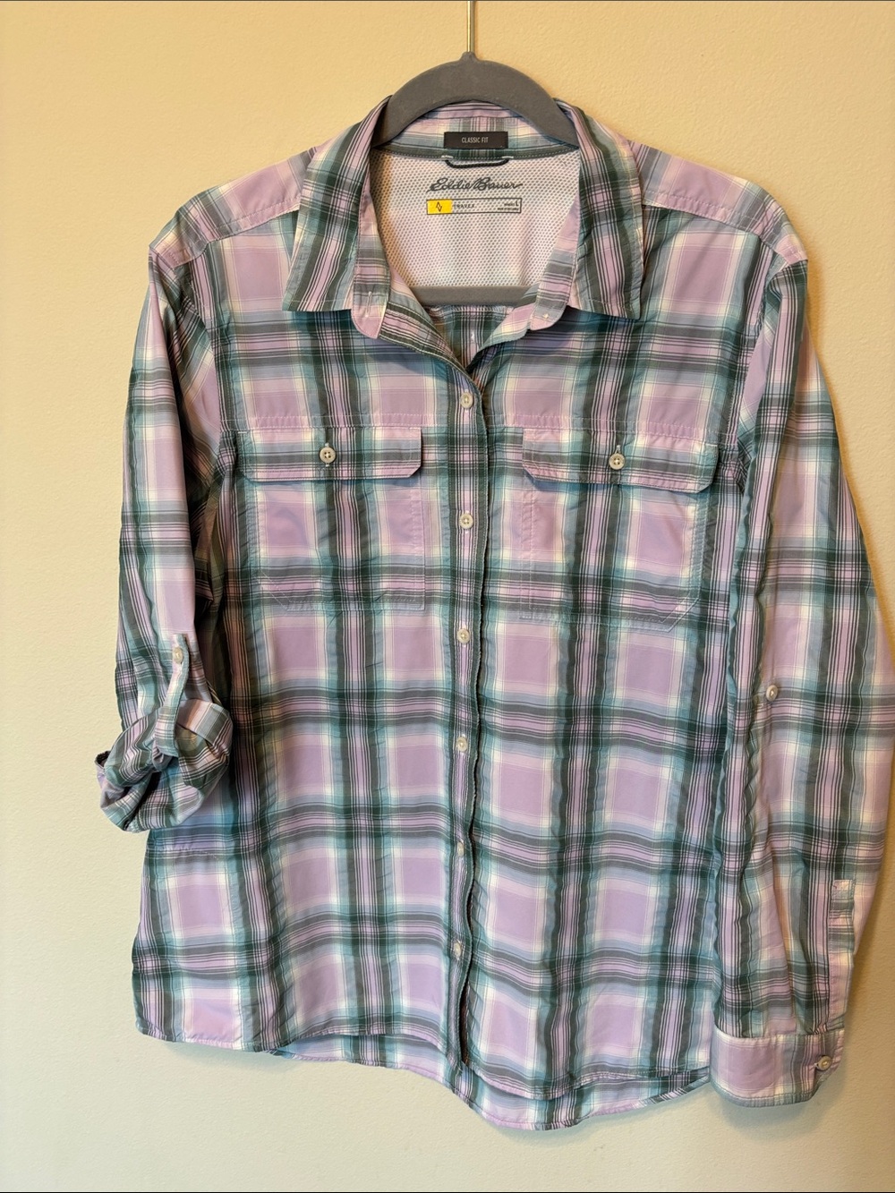 Eddie Bauer Lavender and Green Plaid Button-Down Shirt